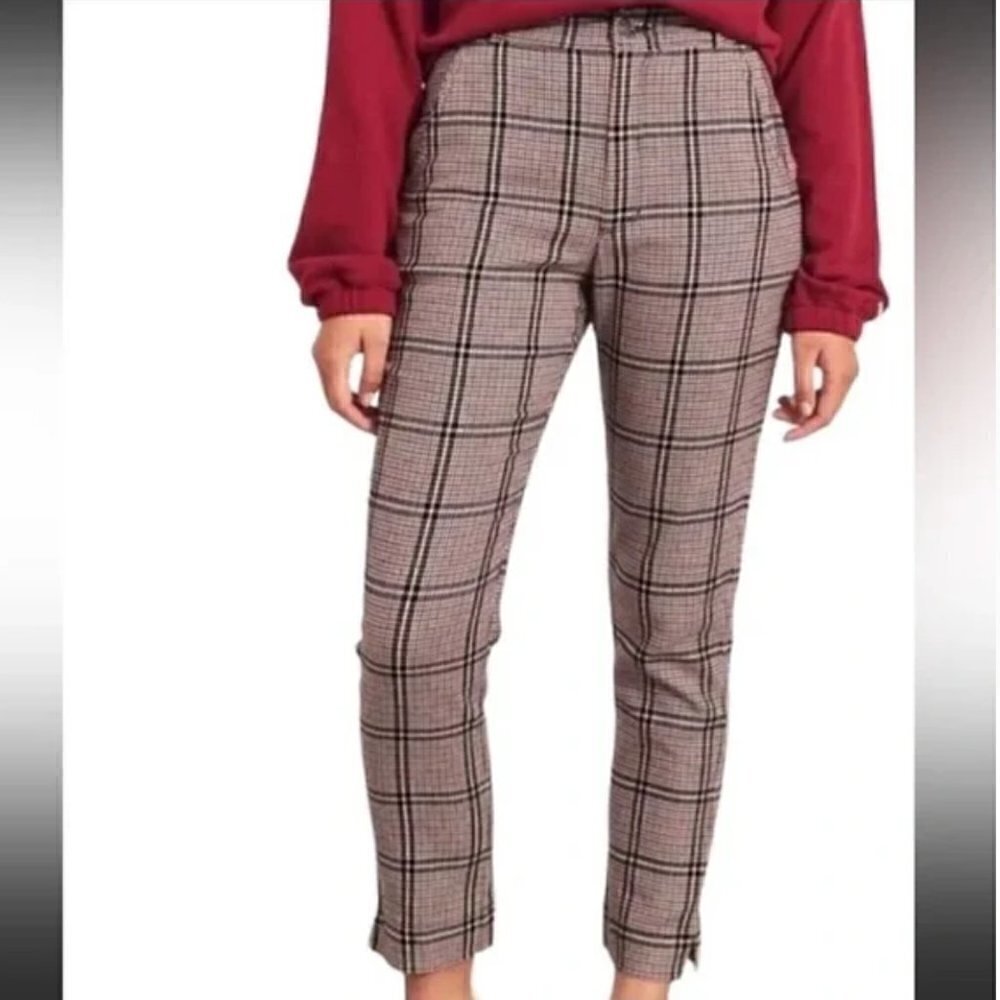 Hollister Women's Sz Small Ultra High-Rise Pant Plaid Houndstooth Beige Burgundy
